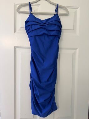 Ruched Cobalt Blue Midi Dress with Spaghetti Straps